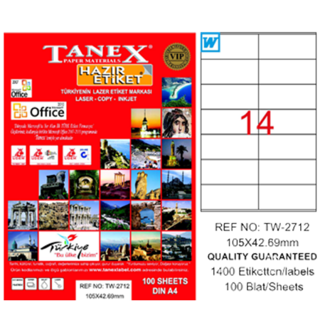 Tanex Laser Etiket 100 YP 105x42.69 Laser-Copy-Inkjet TW-2712