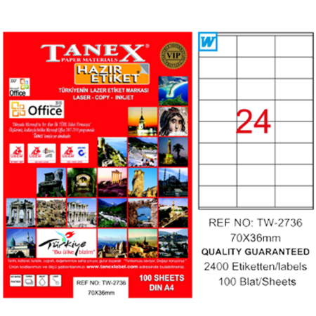 Tanex Laser Etiket 100 YP 70x36 Laser-Copy-Inkjet TW-2736