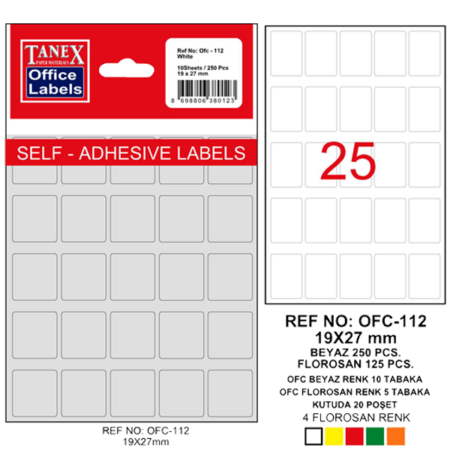 Tanex Ofis Etiketi Poşetli 19x27 MM Beyaz OFC-112