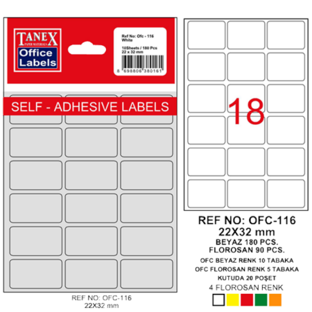 Tanex Ofis Etiketi Poşetli 22x32 MM Beyaz OFC-116