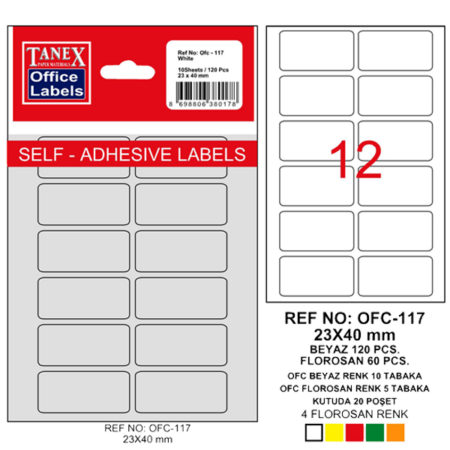 Tanex Ofis Etiketi Poşetli 23x40 MM Beyaz OFC-117