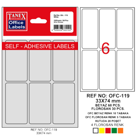Tanex Ofis Etiketi Poşetli 33x74 MM Beyaz OFC-119