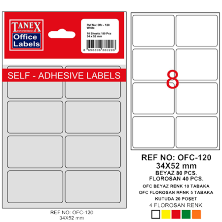 Tanex Ofis Etiketi Poşetli 34x55 MM Beyaz OFC-120